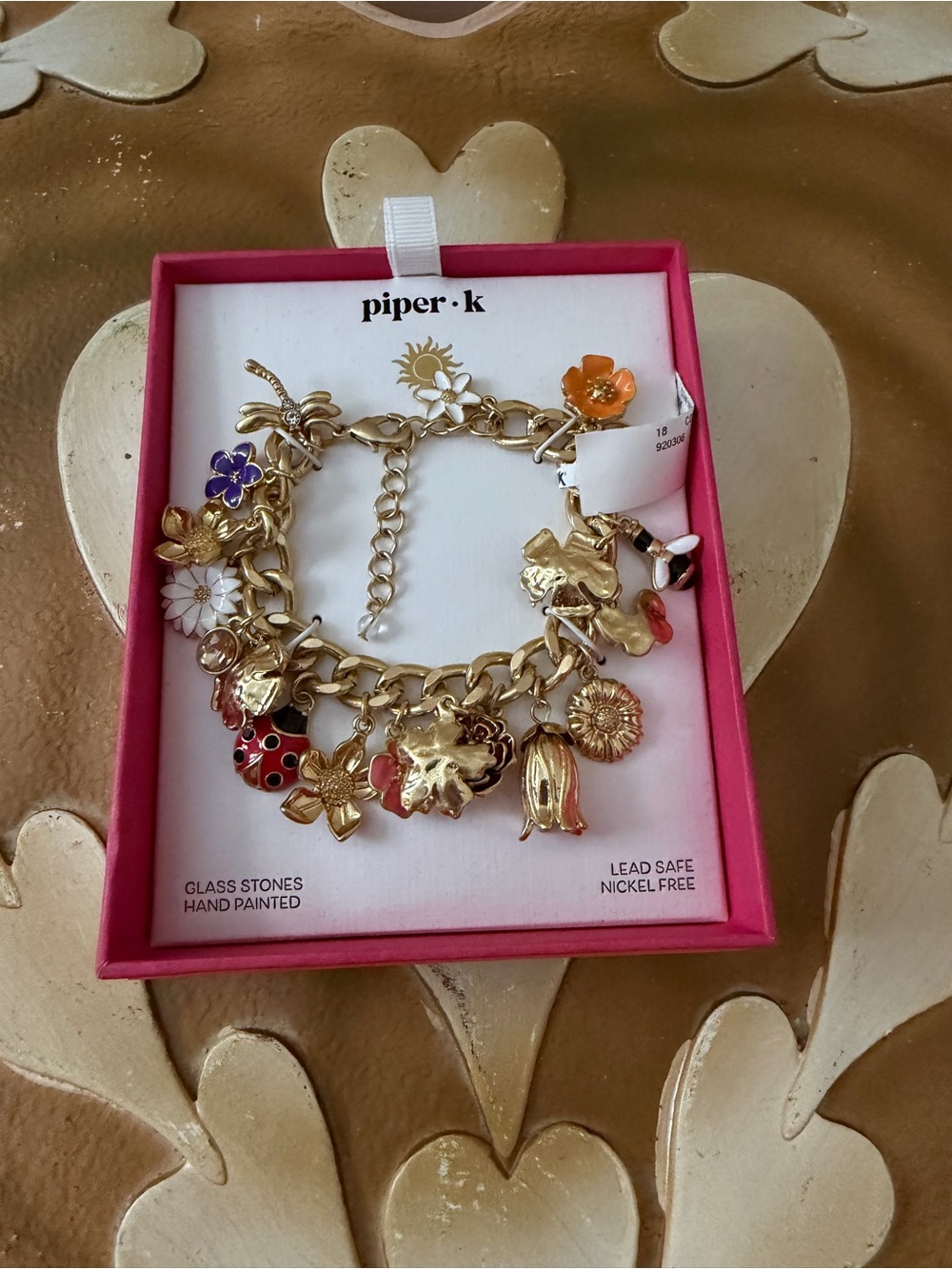 Piper K Glass Stones Hand Painted Charm Bracelet with Ladybug, Bee & Flowers